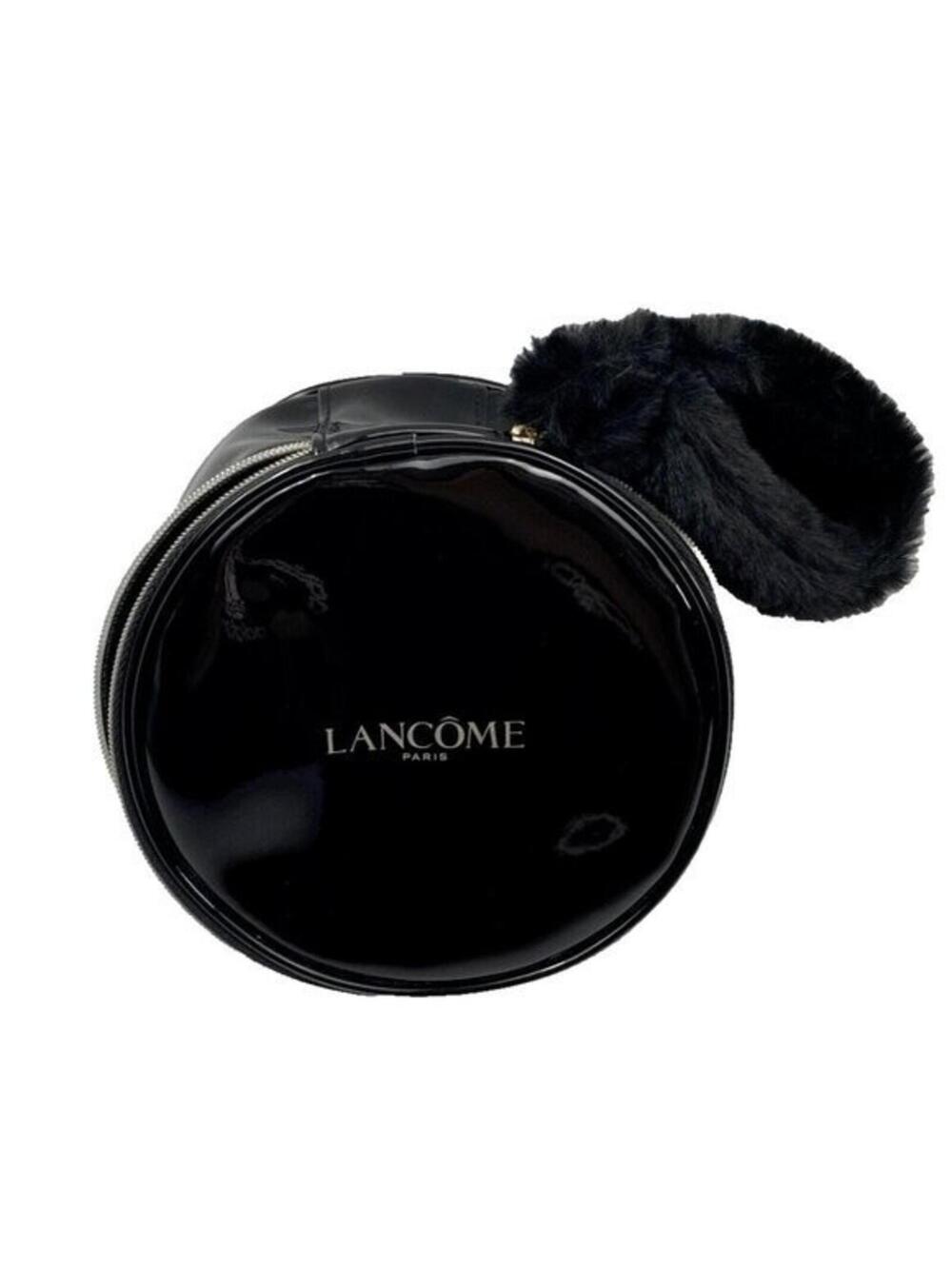 Lancome Paris Makeup Bag Black Circular Makeup Travel Carrier Case Fur Wristlet